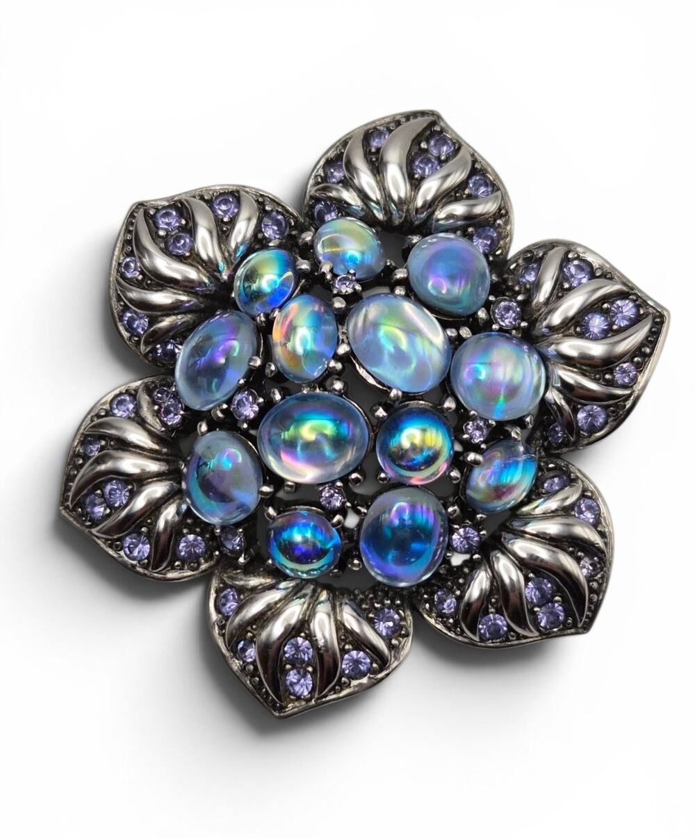 Signed Joan Rivers AB Cabochon Purple Rhinestone Floral Brooch